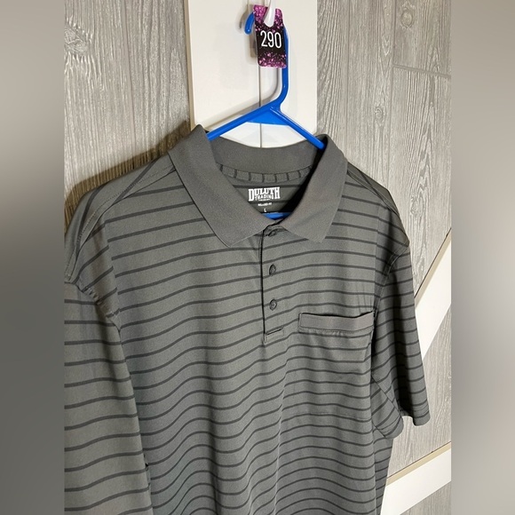 290. Duluth Trading Relaxed Fit Striped Polo Gray/Black L - Picture 1 of 6